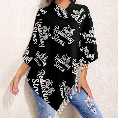 Weapon of Stress Reduction Biking Shawl Wraps for Women Printed Tassel Ponchos Oversized Soft Cape Sweater - color: White-style