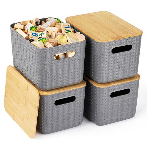 Ohmlove 4 Packs Storage Bins with Bamboo Lids - Plastic Storage Containers with Lids Stackable Storage Box：Storage Baskets for Organizing Desktop Closet Playroom Classroom Office,Gray - color: Gray