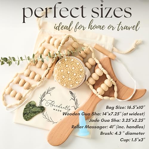 Abundantly Made Co. 7-Piece Lymphatic Drainage Massage Kit | Dry Brush, Wooden Paddle, Rope Roller, Jade Gua Sha, Silicone Cup, Linen Bag & E-Book | Wood Therapy, Maderoterapia & Body Sculpting Tools