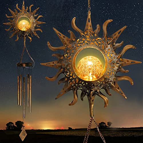 Sun Wind Chimes Solar Retro Windchimes Sympathy Gift, Gentle Chimes, Waterproof Wind-Chimes Outdoor, Outdoor Hanging Decor with Soft Sun Glow, Gifts for Grandma, Mom-Gifts, Memorial WindChimes.