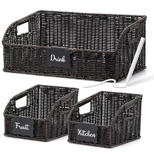 Pantry Organizers, Handwoven Large Wicker Baskets for Shelves, Labeled Storage Baskets for Organizing with Handles - Waterproof Plastic Storage Bins, Boho Decorative, 3Pack, Black - color: Black * Plastic, size: Plastic