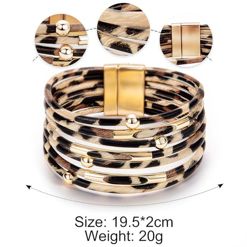 Fesciory Leopard Bracelet for Women, Boho Leather Wrap Multi-Layer Pearl Crystal Bracelet Bangle Jewelry - style: Brown Leopard