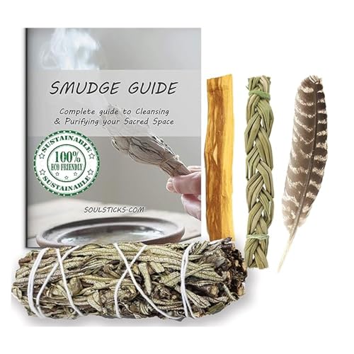 Ancient VEDA Organic Smudge Kit – Yerba Santa, Palo Santo, Sweetgrass Braid, Feather & Smudge Guide | Home Cleansing Kit for Meditation, Yoga, Energy Healing & Gift (Starter Kit, Yerba Santa Sage) - color: Yerba Santa Sage, size: Starter Kit