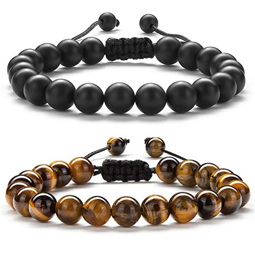 Men Women 8mm Tiger Eye Stone Beads Bracelet Elastic Natural Stone Yoga Bracelet Bangle - color: Black and Brown