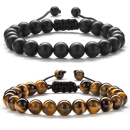 Men Women 8mm Tiger Eye Stone Beads Bracelet Elastic Natural Stone Yoga Bracelet Bangle - color: Black and Brown
