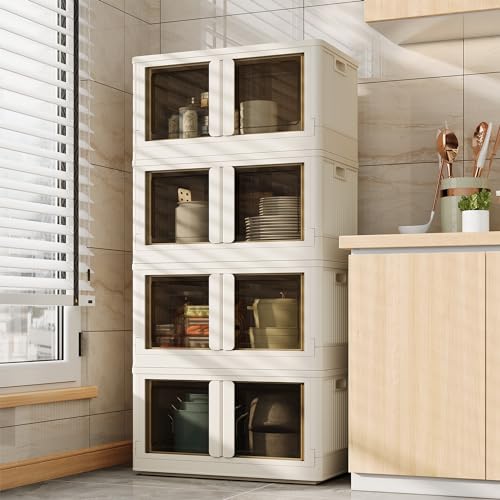 FLEXIMOUNTS 304 QT Stackable Storage Bins With Lids, Collapsible Plastic Storage Bins, Closet Organizers and Containers with Doors For Home and Built-in Wheels, 4 Pack Cubes, Milky White - color: Milky White, size: 76 Qt-4 Pack
