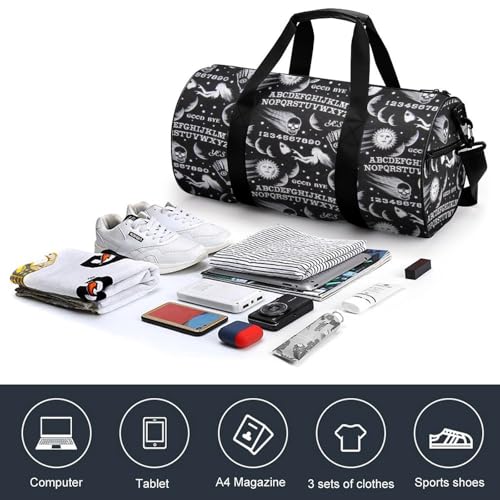 Skull Moon Sun Gothic Witch Board Seamless Black Cylindrical Portable Fitness Bag, Large Capacity Handbag - color: skull moon sun Gothic Witch Board Seamless bl