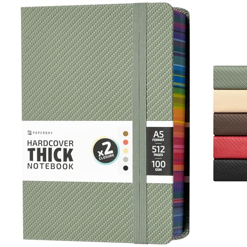 A5 Hardcover Thick Notebook 500 Pages, 5.7 x 8.3 inch Big Daily 365 Women or Men Journal for Writing with Spray Edges, Lined Paper Diary Journaling Notebook for Work (Green) - color: Green