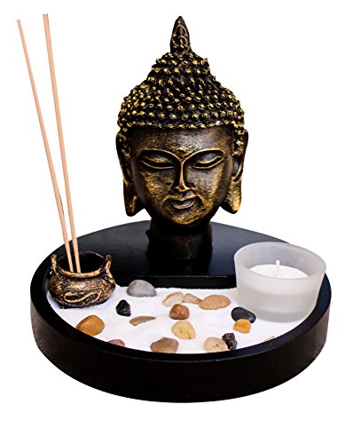 Zen Garden Deluxe Desk Meditation Garden Includes Large Buddha Head Statue, Incense and Incense Holder, Sand, Rocks, Tea Light Holder (Candles Not Included)