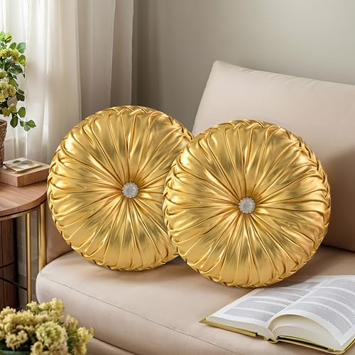 HIG Set of 2 Handcrafted Gold Ruched Round Throw Pillows – 14.5’’ Metallic Leather Decorative Pillows with Soft Polyester Filling for Couch, Bed, Living Room, Bedroom, or Dorm - color: Gold