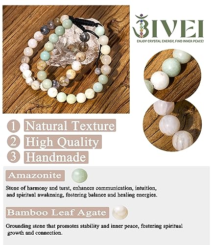 Bivei Natural Gemstone Semi Precious Crystals Handmade Stretchy Round Beads Bracelet, Enhance Positive Energy(Adjustable Bamboo Leaf Agate & Amazonite(Good Luck) Adjustable(6.9-8.5'))