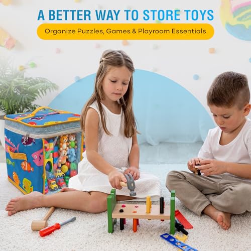 12" Soft Side Zipper Toy Storage Bag, Quilt Pattern Cloth Cube, Reusable, Clear Bag, Playroom, Bedroom & Puzzles Board Game Organizers And Storage Bin, Fish & Bubbles Design - color: Fish