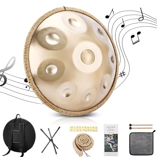 Handpan 22 Inches Drum Set, 440Hz 9 Notes Hand Drum Instrument, Premium Steel Hand Drum, Includes Carrying Case, Drumsticks, Spiral Wraps, Instruction Guide - size: 22 Inches - 9 Notes - Steel
