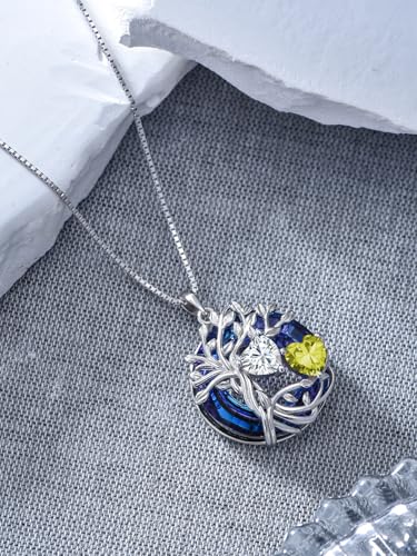 TOUPOP s925 Sterling Silver Family Celtic Tree of Life Pendant Necklaces with 2 Heart Birthstone with Blue Austrian Crystal Jewelry Birthday Valentines Day Gifts for Her, Anniversary Christmas Gifts for Wife Girlfriend Mom (18K Real White Gold Filled) - c