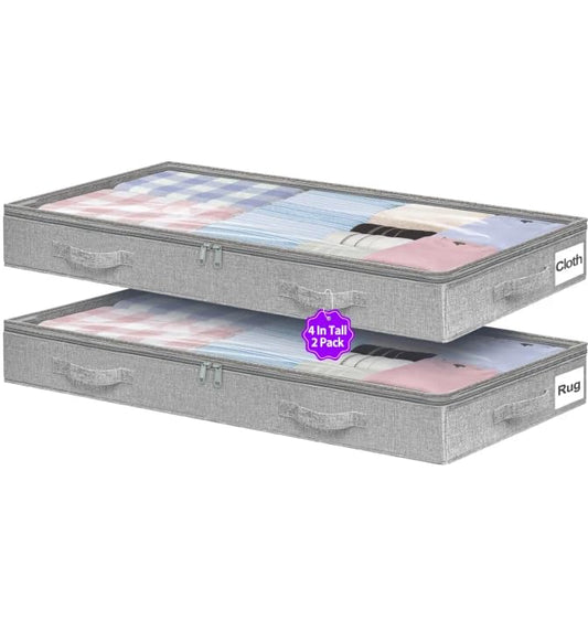 Below 4 Inches High Under Bed Storage, Low Profile Underbed Storage Containers, NO RIGID STRUCTURE, Foldable & Thin Storage Bags, Clothes Organizer w/Clear Lid & Zipper, 2-Pack, 20x40x3.7 Inches, Gray - color: Gray-Soft-2pcs, size: 4 Inch