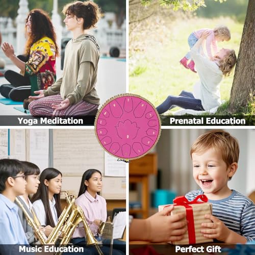 BETESINE 13-Inch 15-Note Steel Tongue Drum in C Major, Beginner-Friendly Meditation Drum with Mallets, Music Book, Finger Picks, Carry Bag & Note Stickers, Rose Pink