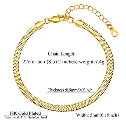 FindChic Elegant Herringbone Snake Chain Anklets/Bracelets 3MM/5MM Width Stainless Steel/18K Gold/Rose Gold Plated/Black 4 Color Options, 8.3'' 8.5'' 10.5'' Length, with Gift Box - color: A: 5mm 8.5'' anklet (Gold Plated)