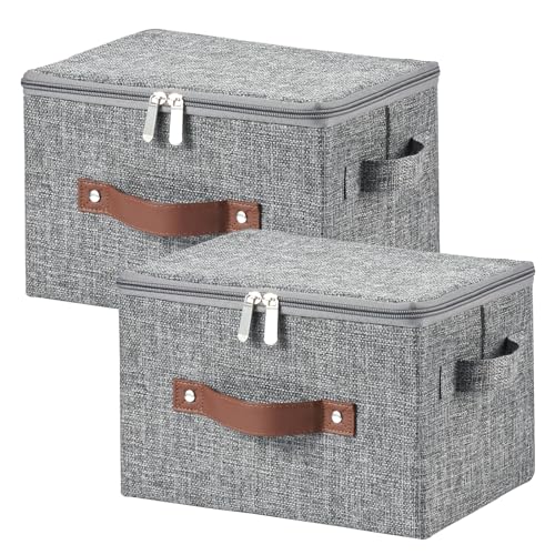 2 Pack Storage Bins with Zipper Lid Cotton Linen Fabric Lidded Storage Baskets Boxes Foldable Washable Closet Shelf Clothes Organizer Container with PU Leather Handles (Gray, Small Size) - color: Gray, size: Small ( Set of 2 )