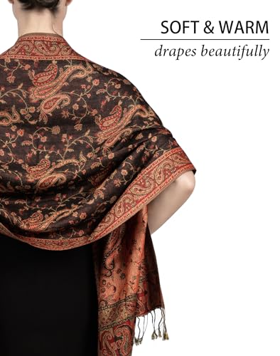 Achillea Reversible Paisley Pashmina Rave Scarf – Exotic Indian Shawls and Wraps for Evening Dresses, Festivals, All Seasons - color: Black Red
