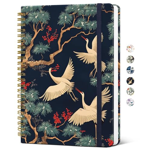 Taja Spiral Journal Notebook for Women, Pretty Hardcover Lined Notebook for Work & Note Taking, Aesthetic Cute Journal for Writing, 140 Pages, 5.8"x8.3", Crane - color: D-Crane