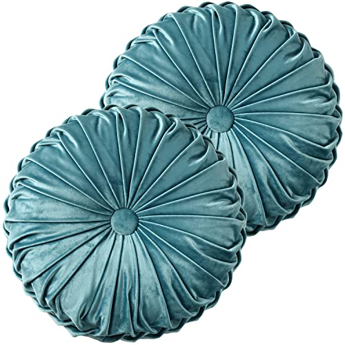 HIG Set of 2 Teal Ruched Velvet Round Throw Pillows – 14.5’’ Decorative Pillows with Soft Polyester Filling for Couch, Bed, Living Room, Bedroom, or Dorm – Handmade, Stress Relieving, All-Season - color: R-teal
