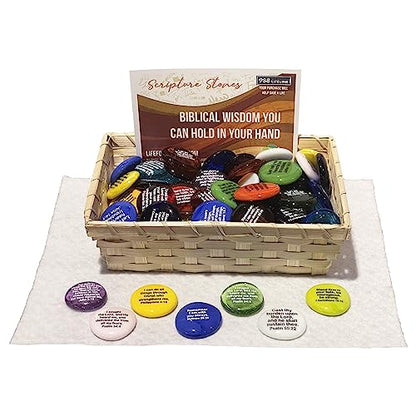 Scripture Glass Stones, Set of 100 Translucent and Opaque Glass Stones Printed with Many of Your Favorite Bible Verses with Retail Display by Lifeforce Glass.