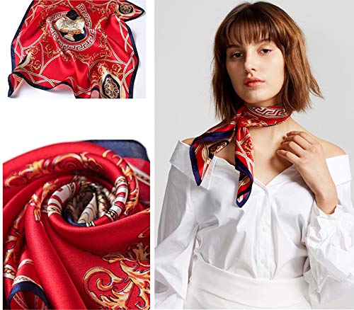 ANDANTINO 100% Mulberry Silk Scarf -21” Lightweight Square Neckerchief – Breathable Digital Printed Scarves with Gift Packed - color: Red
