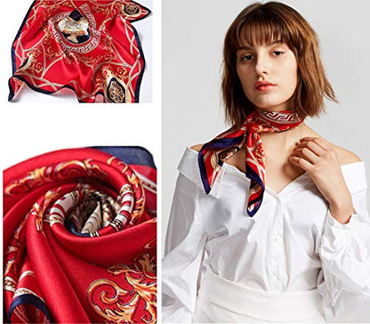 ANDANTINO 100% Mulberry Silk Scarf -21” Lightweight Square Neckerchief – Breathable Digital Printed Scarves with Gift Packed - color: Red
