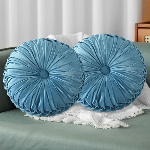 HIG Set of 2 Dusty Blue Ruched Velvet Round Throw Pillows – 14.5’’ Decorative Pillows with Soft Polyester Filling for Couch, Bed, Living Room, Bedroom, or Dorm – Handmade, Stress Relieving, All-Season - color: R-dusty Blue