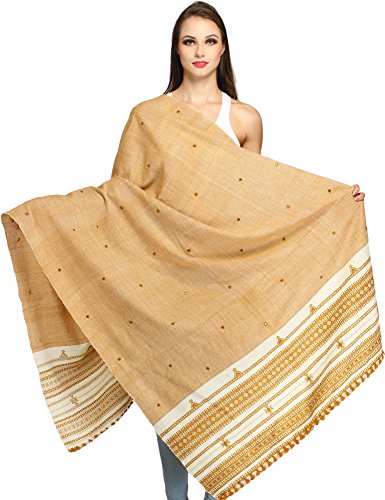 Exotic India Shawl from Kutch with Embroidered Mirrors - Pure Wool - color: Desert Mist
