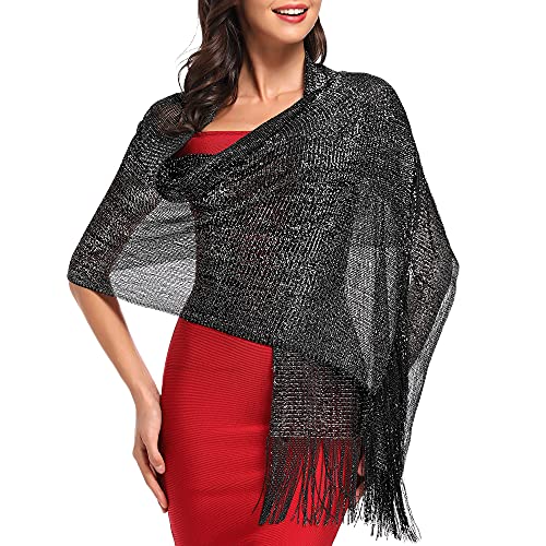 vimate Sparkling Metallic Shawls and Wraps for Evening Party/Wedding/Formal Dresses (With Free Buckle) - color: I#. Black & Silver (With Black Buckle)