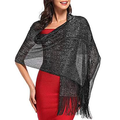 vimate Sparkling Metallic Shawls and Wraps for Evening Party/Wedding/Formal Dresses (With Free Buckle) - color: I#. Black & Silver (With Black Buckle)