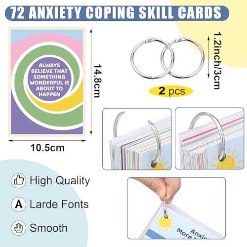 72 Pcs Anxiety Coping Skill Cards Social Anxiety Relief & Self Care Flashcard with Metal Binder Rings Coping Strategy Therapy Cards for Family University and Office(5.9 x 4 Inches)