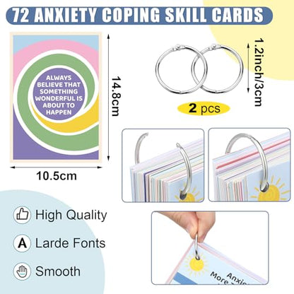 72 Pcs Anxiety Coping Skill Cards Social Anxiety Relief & Self Care Flashcard with Metal Binder Rings Coping Strategy Therapy Cards for Family University and Office(5.9 x 4 Inches)