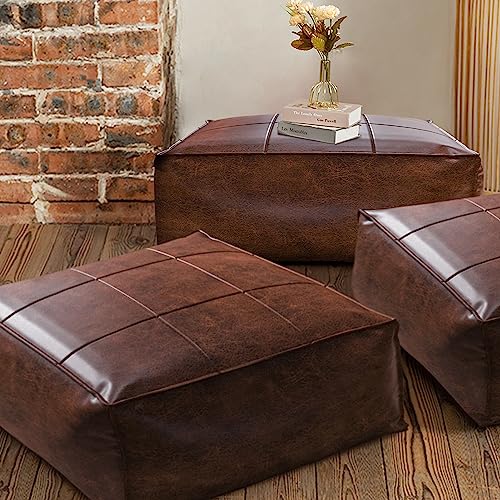 Johnear Meditation Floor Pillow, Square Floor Cushion, Retro Leather Floor Cushion, Extra Thick Square Meditation Pillow for Floor Bedroom Balcony Meditation Yoga