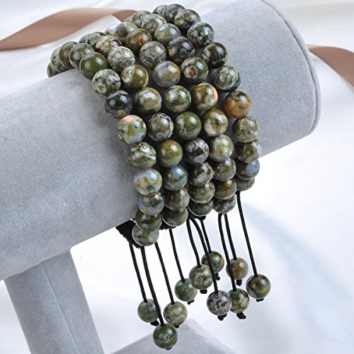 MASSIVE BEADS Natural Healing Power Gemstone Crystal Beads Unisex Adjustable Macrame Bracelets - color: Green Rainforest Jasper, size: 8mm