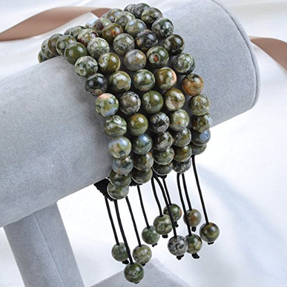MASSIVE BEADS Natural Healing Power Gemstone Crystal Beads Unisex Adjustable Macrame Bracelets - color: Green Rainforest Jasper, size: 8mm