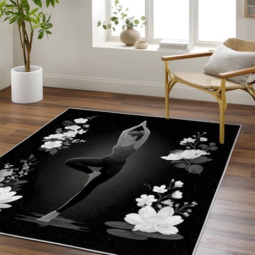 Yoga Silhouette 4x4 Area Rug - Washable & Non Slip 4' Square Meditation Rugs, Soft Accent Carpet - Low Pile White Flower Rug for Living Room, Bedroom, Dining Room, Kitchen, Office, Home Decor - Black - color: Deep Black -93, size: 4' x 4' (Square)