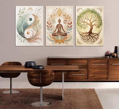 3 Pcs Tree of Life Canvas Wall Art Lotus Zen Painting Pictures Wall Decor Yin Yang Taichi Spiritual Prints Posters for Living Room Yoga Room Hotel Bedroom Home Decor 16x24in Framed - size: 24L"×16W" canvas