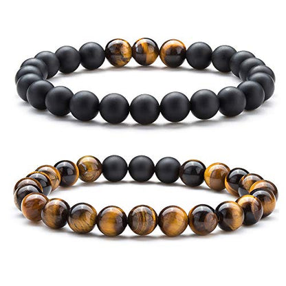 Men Women 8mm Tiger Eye Stone Beads Bracelet Elastic Natural Stone Yoga Bracelet Bangle - color: A-2 Pcs Set 1-21003