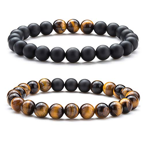 Men Women 8mm Tiger Eye Stone Beads Bracelet Elastic Natural Stone Yoga Bracelet Bangle - color: A-2 Pcs Set 1-21003