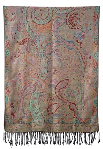 Achillea Reversible Paisley Pashmina Rave Scarf – Exotic Indian Shawls and Wraps for Evening Dresses, Festivals, All Seasons - color: Tapestry Black