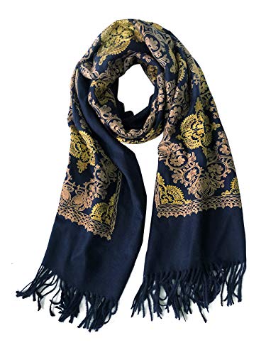 Urban CoCo Women's Embroidered Oversize Tassel Shawl Scarf Wraps for Women - color: #2-navy Blue