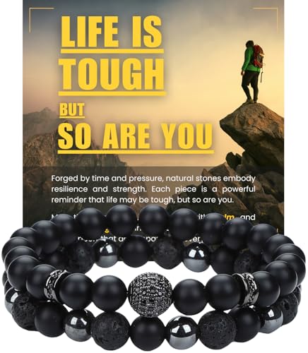 Men's Triple Protection Bracelet Set – Black Obsidian, Hematite & Lava Stone Beaded Bracelets with Cross for Strength & Grounding