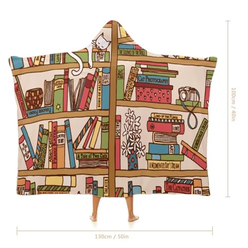 Sleeping Cat Library Bookshelf Large Size Comfortable Hooded Blanket, Warm Blanket 40"x50" - color: Sleeping Cat Library Bookshelf, size: 40"x50"