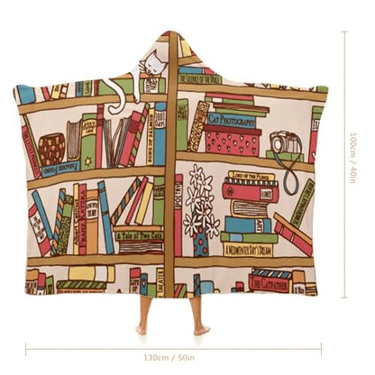 Sleeping Cat Library Bookshelf Large Size Comfortable Hooded Blanket, Warm Blanket 40"x50" - color: Sleeping Cat Library Bookshelf, size: 40"x50"