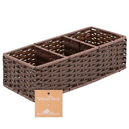 myHomeBody Wicker Basket With 3 Compartments, For Toilet Tank Paper Rolls, Hand Woven Bathroom Countertop Organizer, Bedroom Organization, 1pc, Dark Walnut - color: Dark Walnut