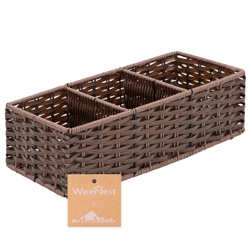 myHomeBody Wicker Basket With 3 Compartments, For Toilet Tank Paper Rolls, Hand Woven Bathroom Countertop Organizer, Bedroom Organization, 1pc, Dark Walnut - color: Dark Walnut