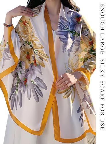 Large Shawl Scarf For Women Lightweight Wraps Silky Headscarf Long Sunscreen Scarfs - color: T10 Yellow Lilies / 70"x 35"