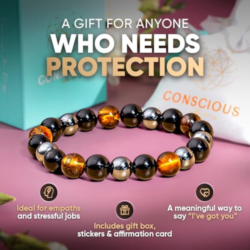 Conscious Items Protection Bracelets for Women & Men, Healing Crystal Bracelet with Natural Stones for Energy Shielding, Grounding, Stress, & Negative Energy Protection - style: The Triple Protection Bracelet